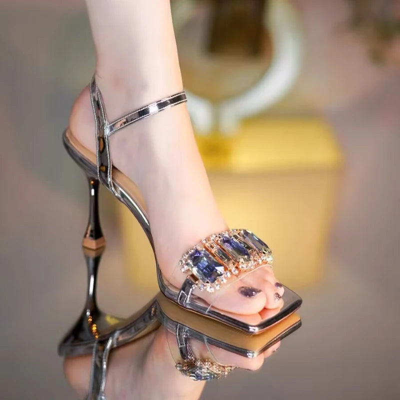 2025 New Slim Heel with Diamond Square Toe Sandals for Women in The Summer of  New Fairy Style Open Toe Sexy High Heels