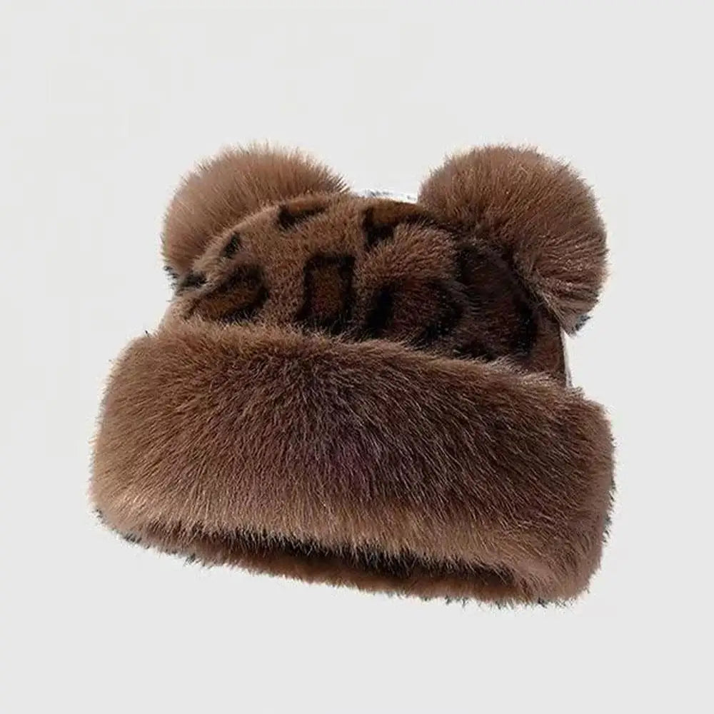 Leopard Print Bear Ears Plush Thick Warm Hat For Women Mongolian Hat Outdoor Snow Ski Cap Y2k Plush Basin Cap Furry Bucket Hats