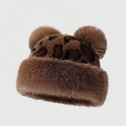 Leopard Print Bear Ears Plush Thick Warm Hat For Women Mongolian Hat Outdoor Snow Ski Cap Y2k Plush Basin Cap Furry Bucket Hats