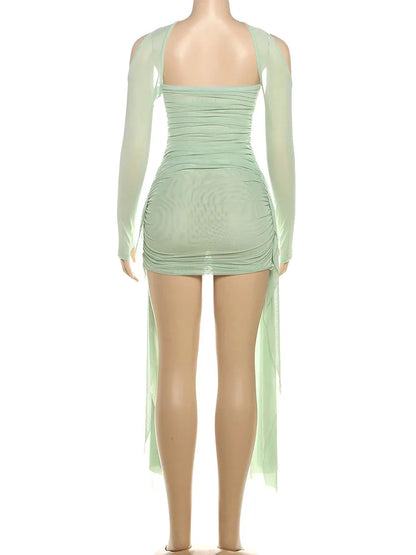 Nibber Summer Vacation Sexy See Through Dress+Shawl Women Ruched Side Ribbon Coquette Skinny Midnight Clubwear Party Bodycon