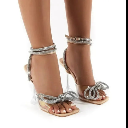 Rhinestone Bowknot Women Sandals PVC Jelly Transparent Perspex High Heels Summer Sexy Square toe Strap Shoes Plus Size