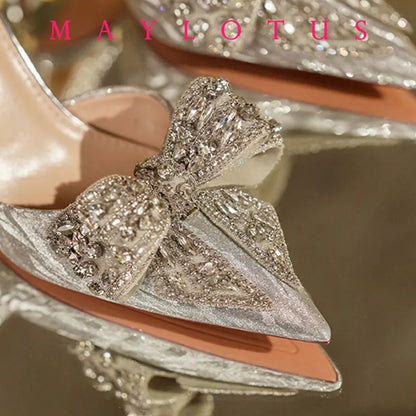 2025 Summer Fashion Pointed Toe Sandals Women's Rhinestone Pearl Butterfly Gold Silver High Heels Party Wedding Plus Size Shoes