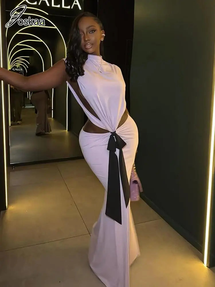 Joskaa 2025 Women's Bowknot Cutout Maxi Mermaid Dresses Sexy O-Neck Sleeveless Backless Bodycon Party Dress Evening Clubwear