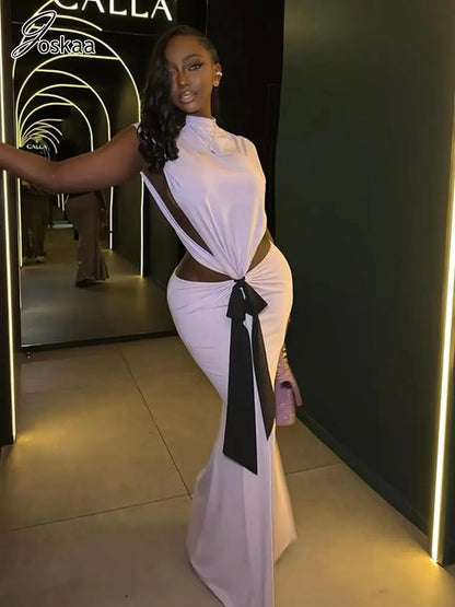 Joskaa 2025 Women's Bowknot Cutout Maxi Mermaid Dresses Sexy O-Neck Sleeveless Backless Bodycon Party Dress Evening Clubwear