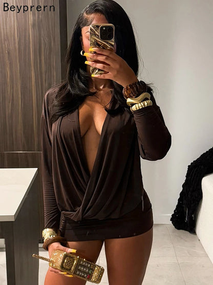 Beyprern Casual Womens Long Sleeve Draped Front Slim Short Dress Vacation Outfits Chic Ruched Night Out Vestidos Clubwear Robes