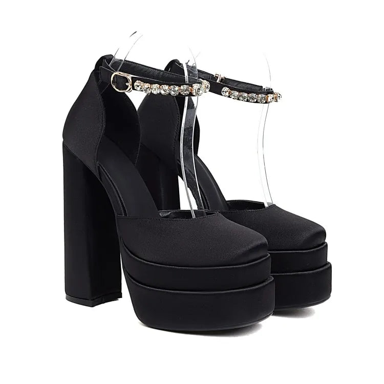 2022 Brand Women's Sandals 14.5CM Silk Thick Heels High Platform Rhinestone Small Big Size 32 43