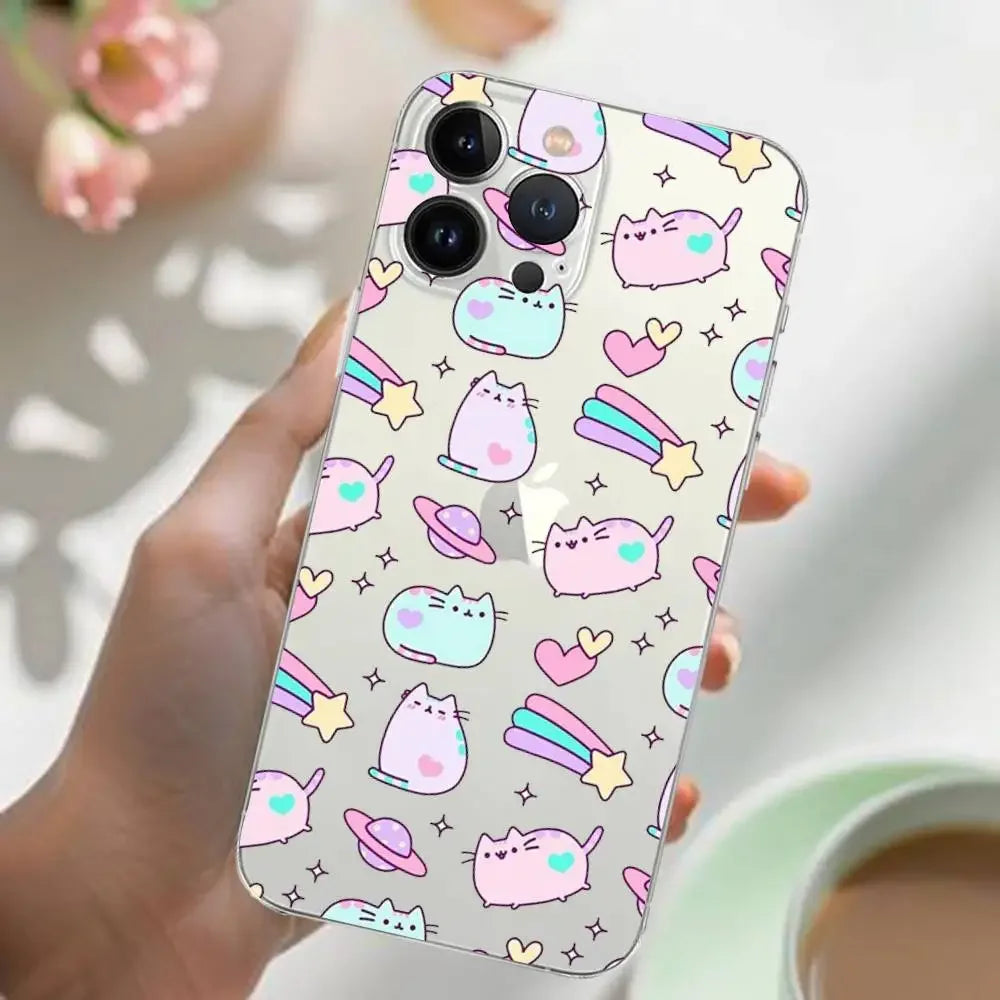 Cute Cartoon Cat P-Pusheens Phone Case Transparent For IPhone 16 15 11 13pro Max 14Plus X Xr Xs Max 12mini - Clear Cover
