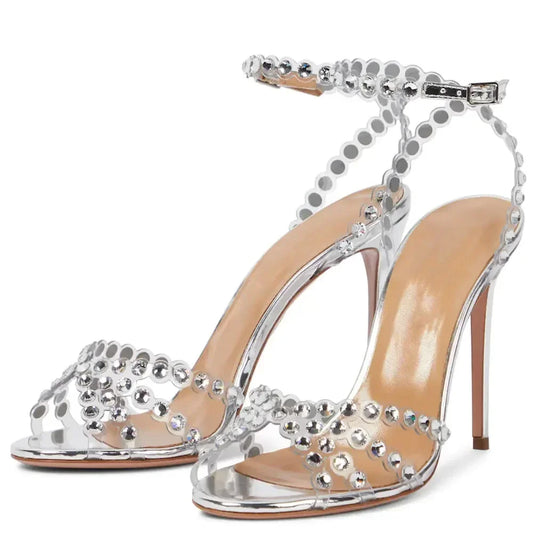 Pvc Transparent Rhinestone High Heels Ladies Sexy Ankle Strap Sandals Women Luxury Designer Wedding Party Dress Shoes Pumps