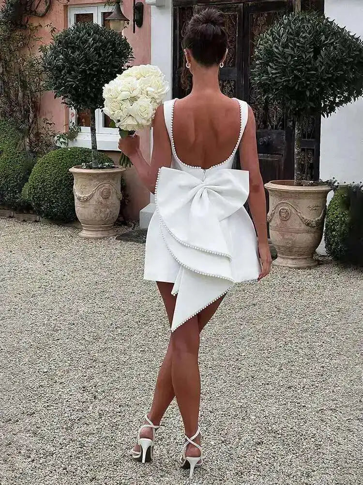 Townlike Bow Pearl Backless Sexy Party Dress Women Mini 2024 Summer Dress Elegant Waist Wrap A-line Dresses Vestidos