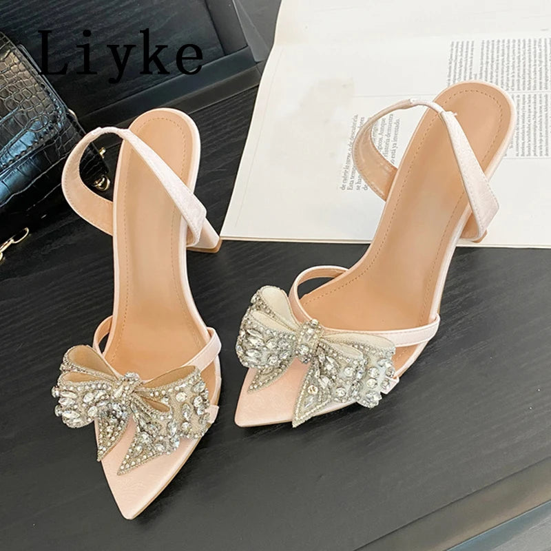 Liyke Sexy Slingback Sandals Women Summer Fashion Rhinestone Bowknot Designer High Heels Wedding Party Prom Shoes Zapatos Mujer