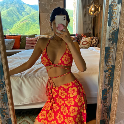 Sexy 3 Sets Bikini Women Floral Print Blue Swimwear With Skirt Strips Biquini Mini Micro Swimsuit Bathing Suit Korea Pad Jersey