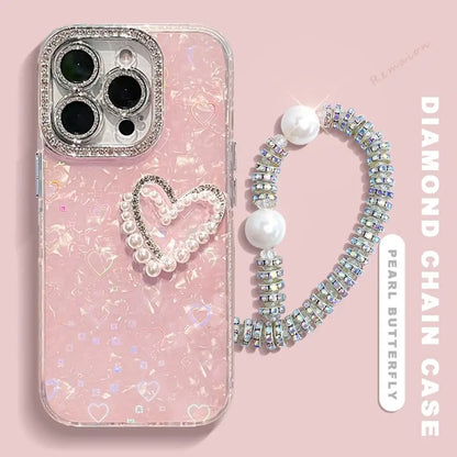 Bling Glitter Heart 3D Phone Case for iPhone 13 15 16 12 14 11 Pro Max Plus 16Pro Max Case Diamond Chain Pearl Protector Cover