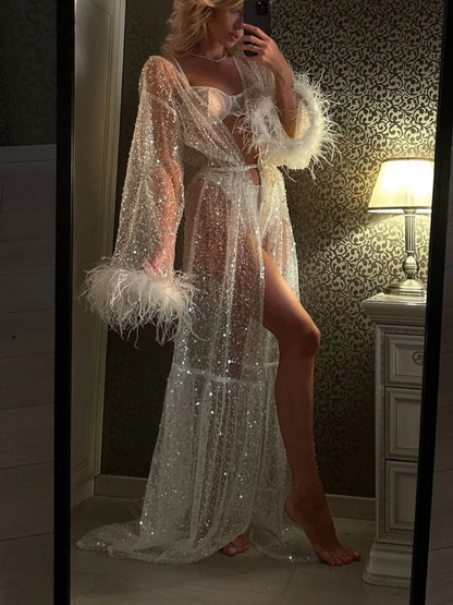 Women's Sequins Nightdress Feather Patchwork Long Sleeve Tulle Night Dress Kimono Robe Sleepwear Plush Cuff  Bikini Cover up