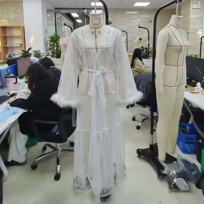 Sexy Women Summer Sheer Nightgown Long Dress Long Sleeve Plush Cuff  See Through Sequins Party Nightdress