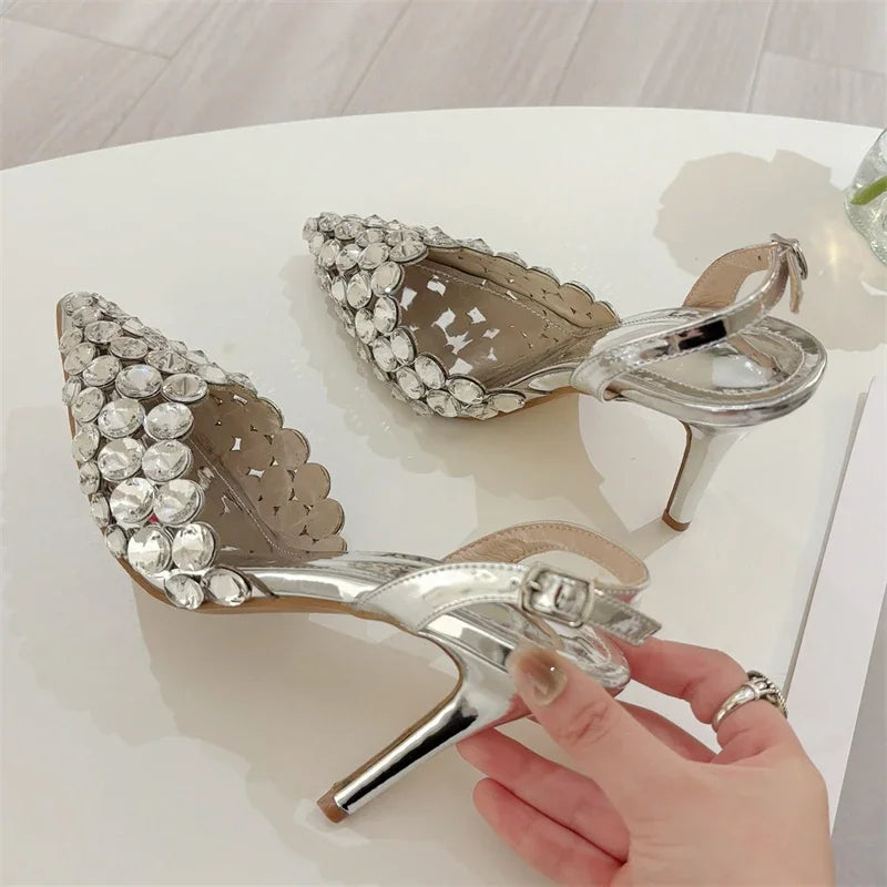 Aneikeh Fashion Stiletto Pumps Summer Silvery Rhinestone Hollow Strap High-heeled Sandals Women Wedding Banquet Shoes