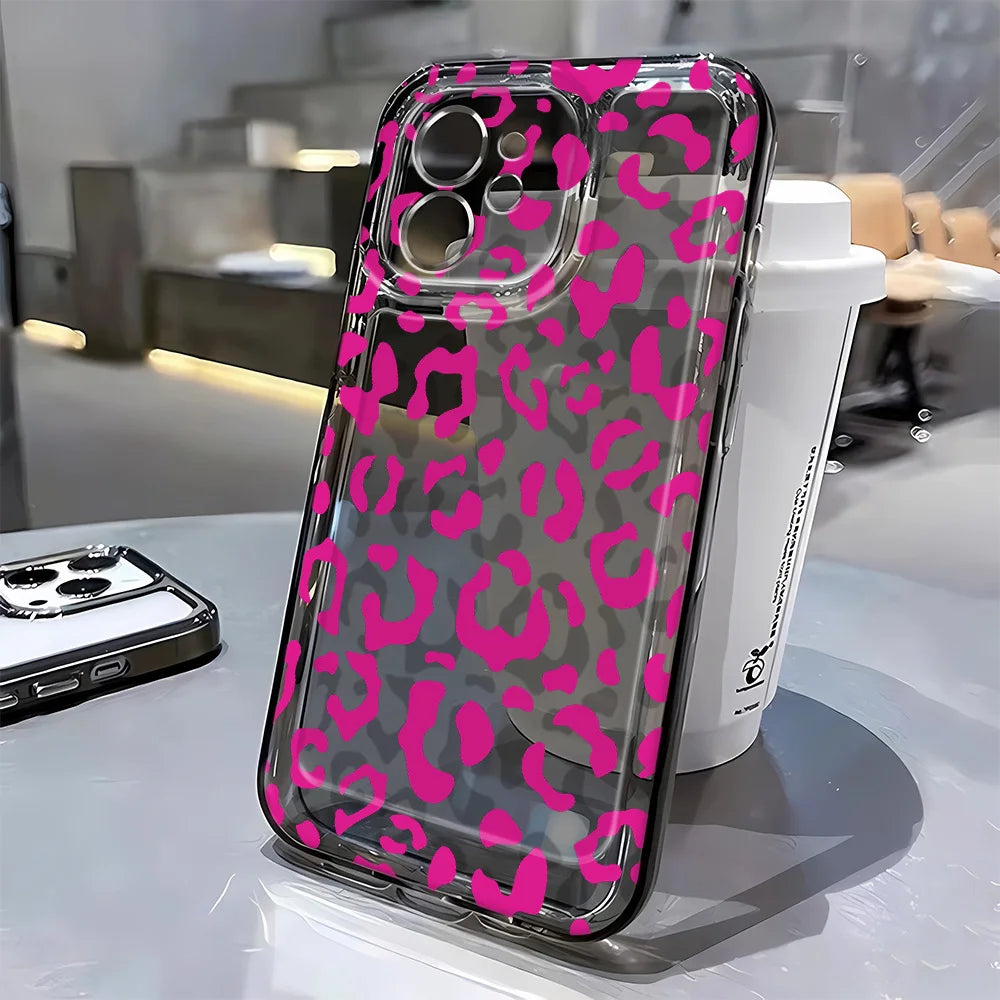 Rose red leopard print Case For iPhone 16 16E 15 14 13 12 11 Pro Max Plus XS XR Funda Silicone Case