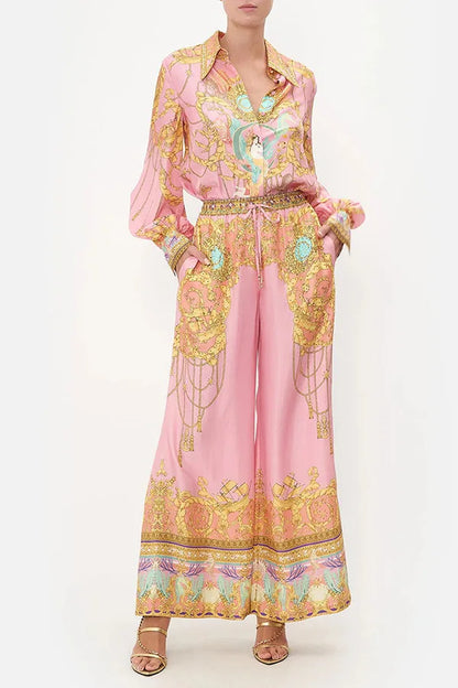 Swimsuit Cover Up Beach Women Dress Summer 2025 Kaftan Saida De Praia New Leisure Vacation Long Sleeved Pink Printed Shirt Pants