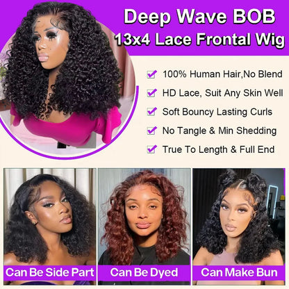 Bob Wigs Human Hair Deep Wave Curly Short Bob Wigs 13X4 Transparent Lace Front Wigs 200% Density 100% Human Hair For Black Women