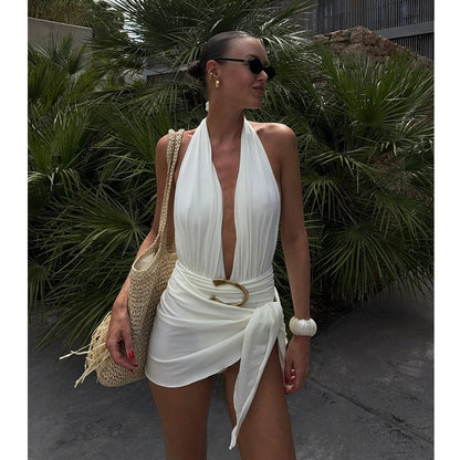 Two Pieces Micro Bikini 2025 Sexy Swimsuit Women Halter Swimwear Biquini Female Solid Bodysuit Bathing Suits Sarong Mini Skirt