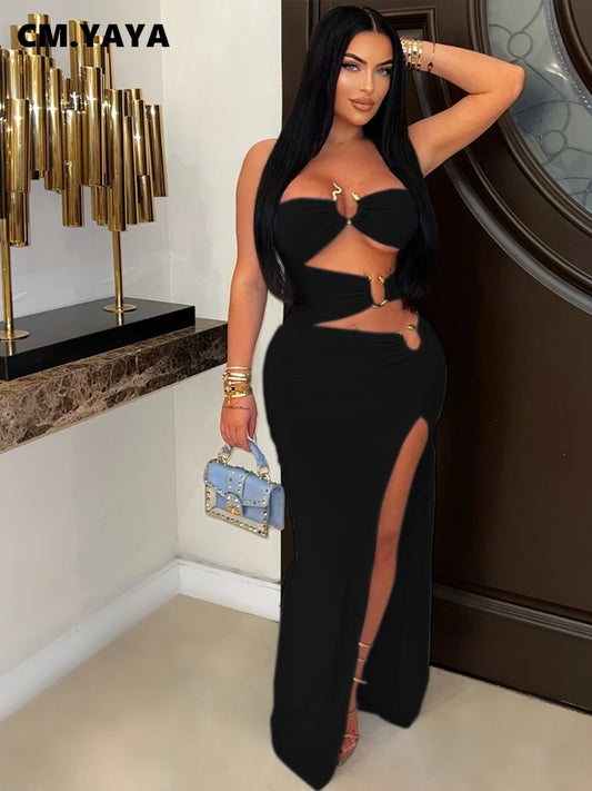 CM.YAYA 2025 Summer Elegant Sleeveless Floor-Length Long Women Dress Hollow Out Birthday Night Party Evening Sexy Split Dresses