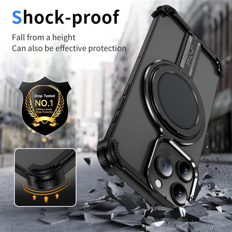 Magsafe Magnetic Metal Rimless Stand Phone Case For iPhone 16 15 14 13 12 Pro Max Plus Aluminum Alloy Shockproof Protective Case