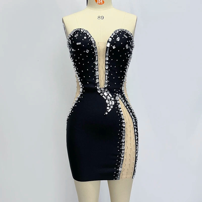Factory Wholesale Women's Black Strapless Beaded Net Yarn Mini Sexy Boutique Celebrity Cocktail Party Bandage Dress