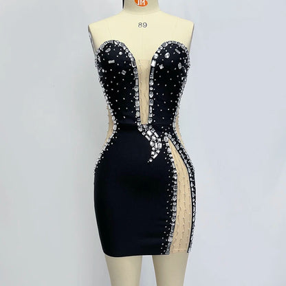 Factory Wholesale Women's Black Strapless Beaded Net Yarn Mini Sexy Boutique Celebrity Cocktail Party Bandage Dress