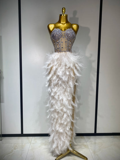 Women Sexy Sparkly Rhinestone Feather Mesh Long Dress Elegant Evening Party Celebrate Luxury Birthday Singer Stage Costume