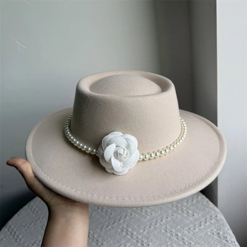 French Black Big Brim Top Hat Women Elegant Retro Style Flat-top Fedora Hat British Pearl Floral Wide Brim Hat Photography