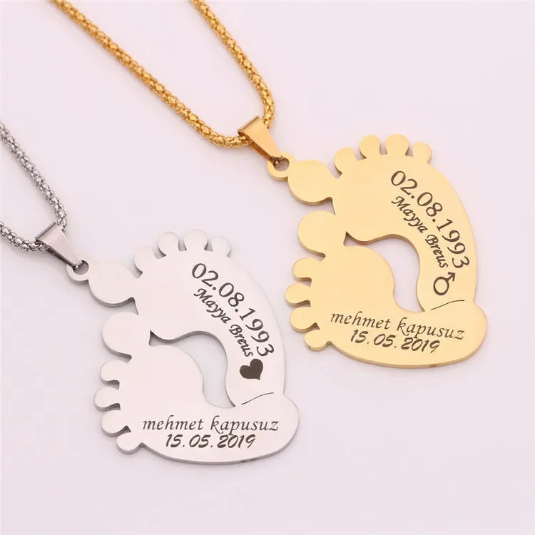 Custom Engraved Stainless Steel Baby Feet Name & Birthday Pendant Necklace Personalization Included Text Woman Jewelry.