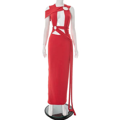 DS164 Style Hollow out Belted Wrap Dress Spring Summer Women's Cross-Border Fashion round Ring Design Ankle-Length Gown