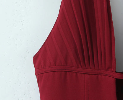 2025 Sexy Dark Red Pleated Ruched Halter Dress Women Deep V neck Slim Low Waist Swing Ball Gown Short Dresses Robe Vestidos