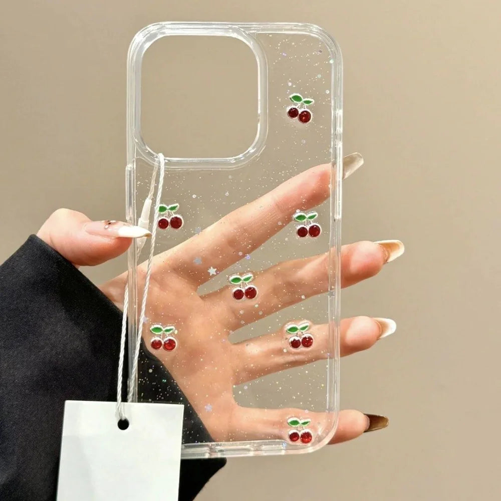 Cute Epoxy Cherry Glitter Clear Phone Case For iPhone 16 15 14 13 12 11 Pro Max Plus Luxury Sequins Bling Back Cover Women Girl