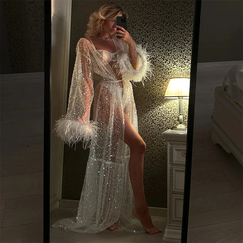 Women Bride's Wedding Morning Luxury Bridal Robe Dress Coquette Transparent Shiny Robe Maxi Dresses for Ladies Club Party