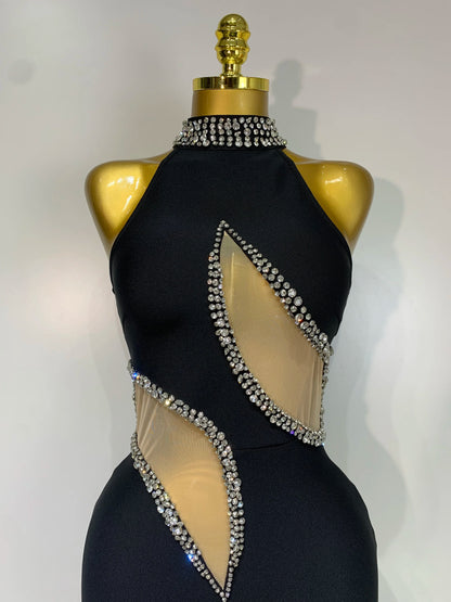 Women Sexy Rhinestone Black Sleeveless Mesh Patchwork New Arrival Stretch Bodycon Bandage Party Dresses Elegant Birthday Dress