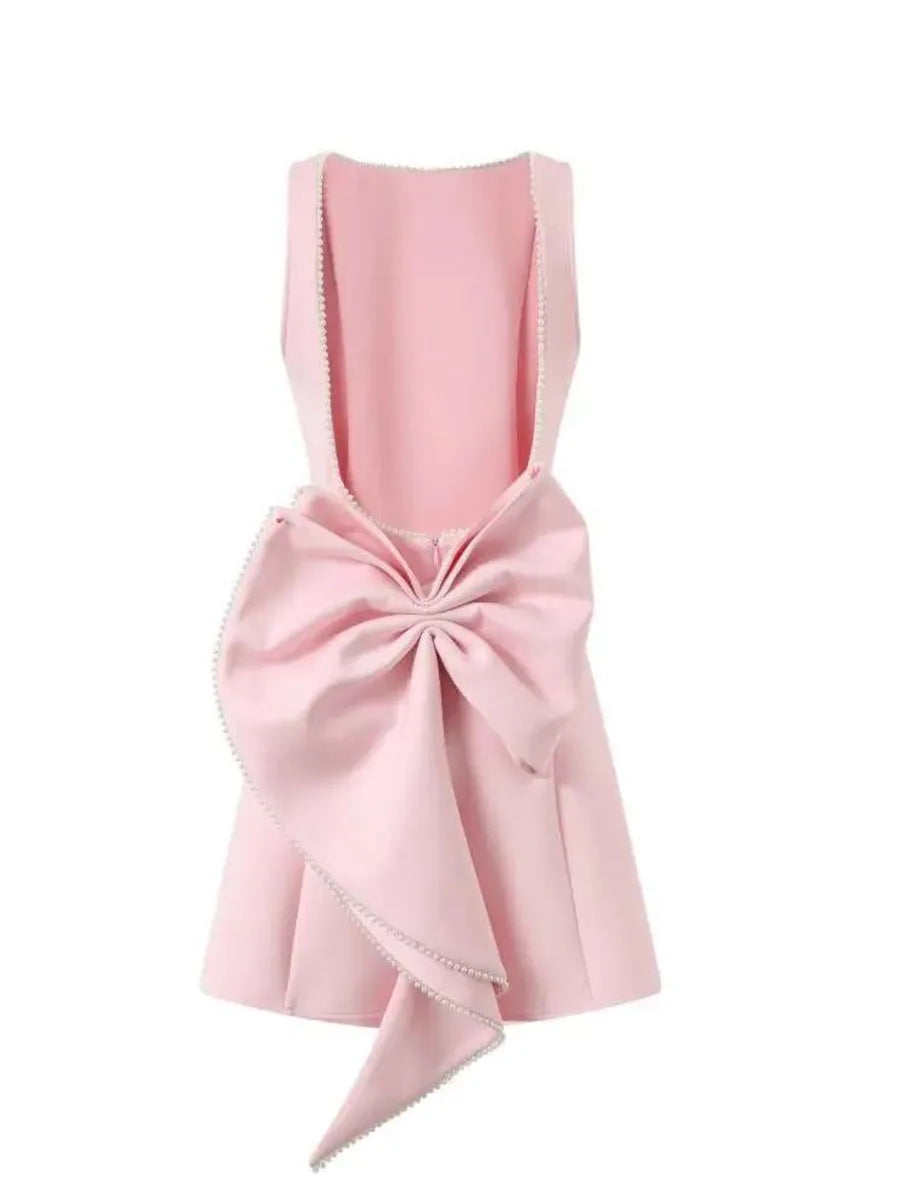 Elegant Pearl Bow Backless Sexy Mini Dress Women's Luxury Party Short Dresses White Black Pink Birthday Evening Wedding P4ZQ