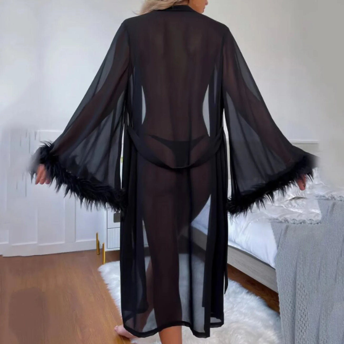 Summer Women's New Robe Simulation Silk Feather Long Long-Sleeved Pajamas Nightgown Robe Comfortable Straps Women's Homewear