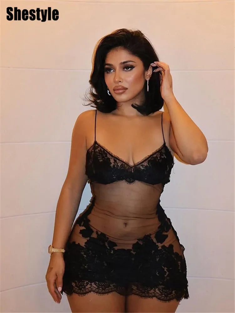 Shestyle Embroidery Flower Mesh Transparent Flare Long Dress Women Spaghetti Strap Sheer 2025 New Design Outfits Prom Nightwear