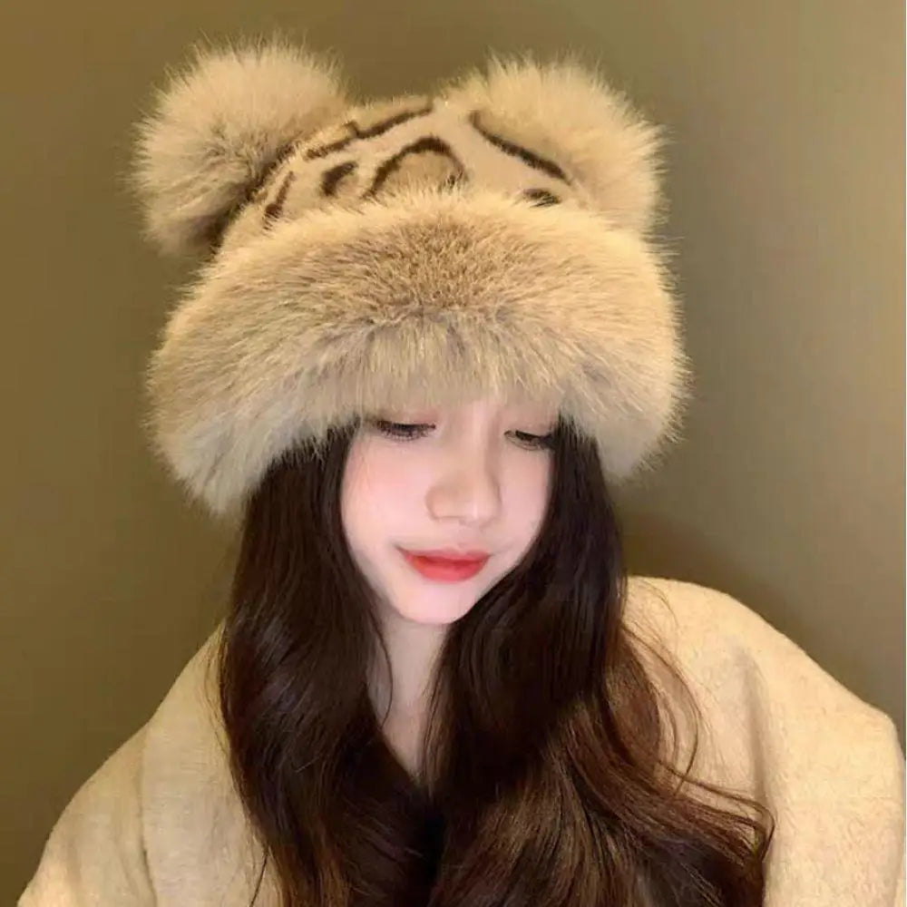 Leopard Print Bear Ears Plush Thick Warm Hat For Women Mongolian Hat Outdoor Snow Ski Cap Y2k Plush Basin Cap Furry Bucket Hats