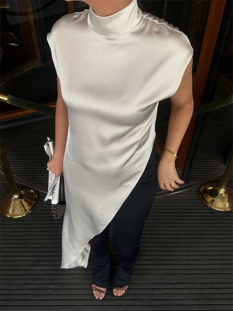 Tossy Casual Sleeveless Satin Maxi Dress Female Turtleneck Patchwork Slim Fashion Solid Commute Dress For Women Long Dress 2025