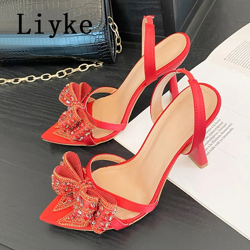 Liyke Sexy Slingback Sandals Women Summer Fashion Rhinestone Bowknot Designer High Heels Wedding Party Prom Shoes Zapatos Mujer