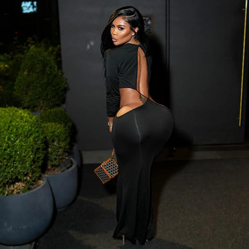 DSMTRC Hollow Out Womens Irregular Waistless Backless Sexy Coquette Dresses Full Sleeve Stretch Skinny Clubwear Hipster Vestidos