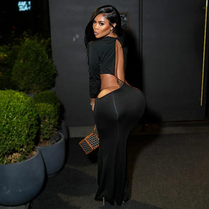 DSMTRC Hollow Out Womens Irregular Waistless Backless Sexy Coquette Dresses Full Sleeve Stretch Skinny Clubwear Hipster Vestidos