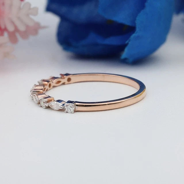 Star Dust Marquise Round Diamond Band Ring Real Diamond Stackable Ring Solid Gold Marquise Wedding Band 14k Gold Eternity Ring