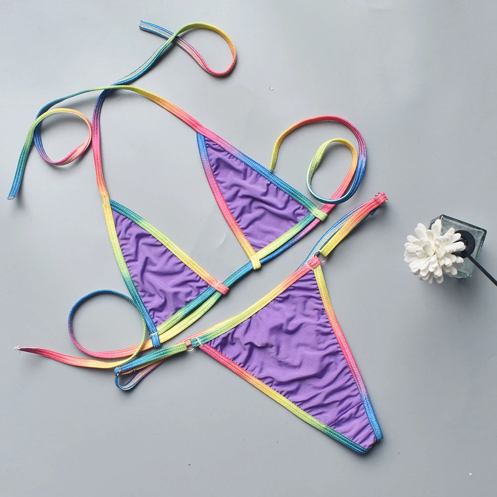 Women Bikini Sexy Three Point MultiColor Thin Straps Lace Up See Through Bikini Top + Panties Brazilian Biquinis
