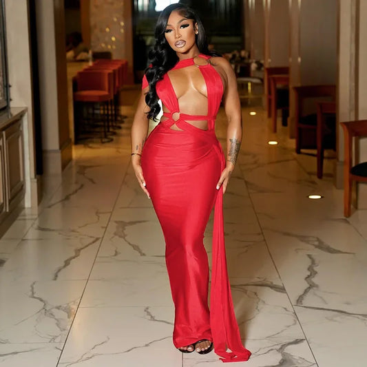 DS164 Style Hollow out Belted Wrap Dress Spring Summer Women's Cross-Border Fashion round Ring Design Ankle-Length Gown