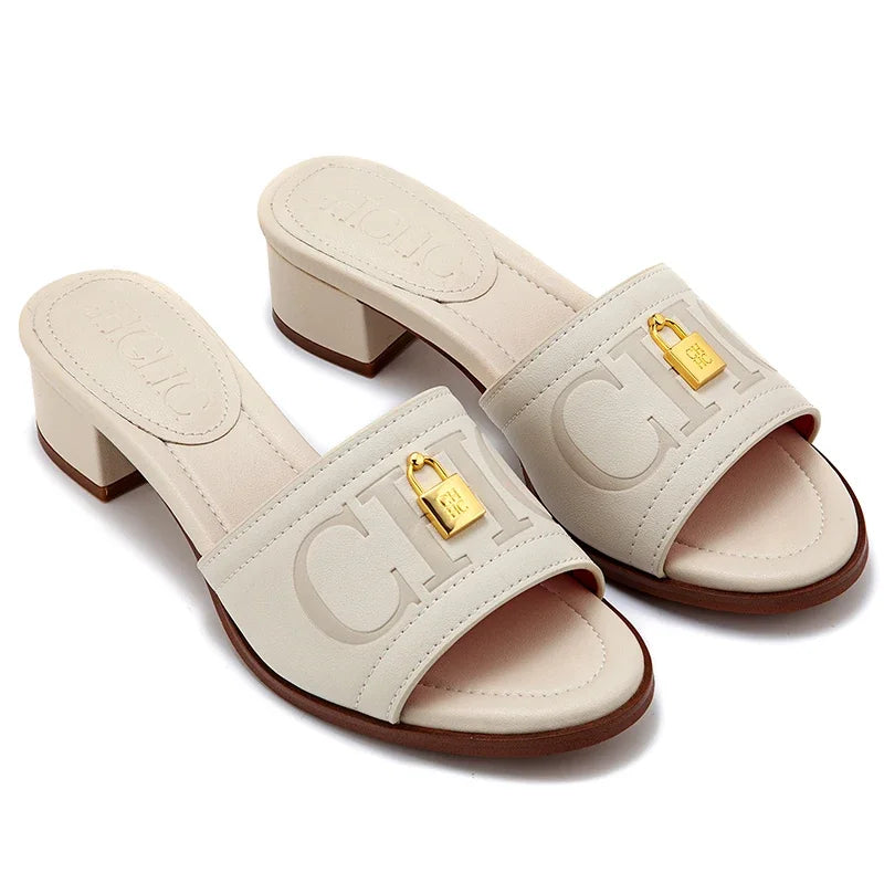 CH Fashion Monogram Print Elegant Design Women's Low Heeled Slippers Solid Color High Quality Metal Lock Simple Single Shoes.