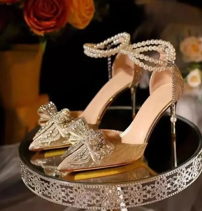 Summer Fashion Pointed Toe Sandals Women's Rhinestone Pearl Butterfly Gold Silver High Heels Party Wedding Plus Size Shoes