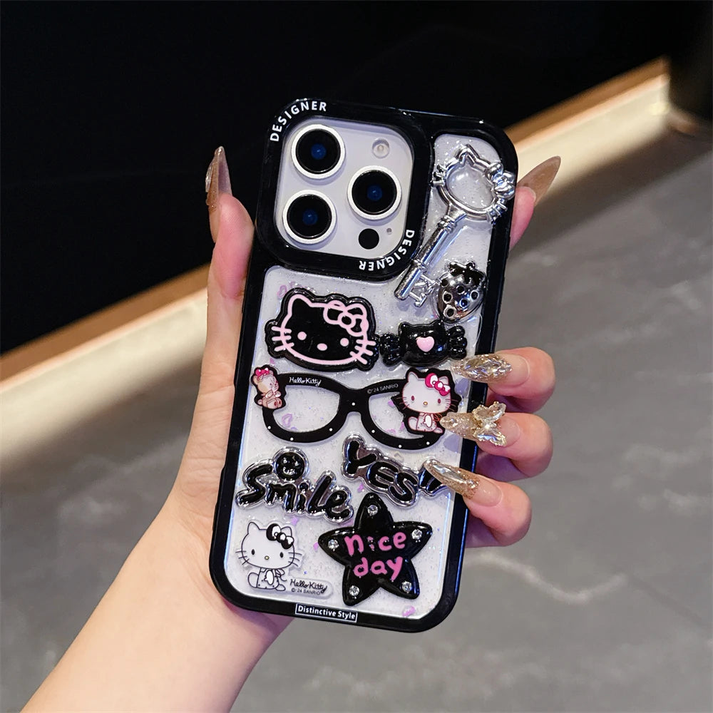 Glitter Stars Transparent 3D Cartoon Glasses Phone Cases For iPhone 17 16 14 11 12 13 15 Pro Max Plus Clear Shockproof Cover