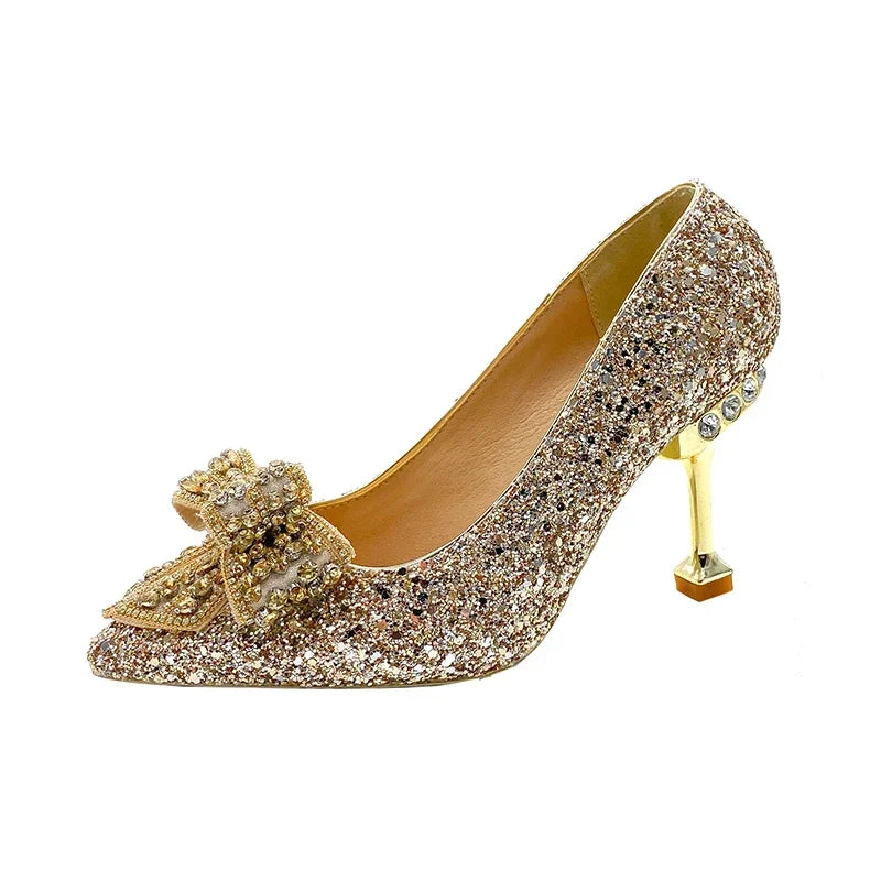 New  Women's Rhinestone Wedding Shoes Year Shoes Luxury Buckle Decorative Banquet Women's Shoes High Heels Gold Silver Red